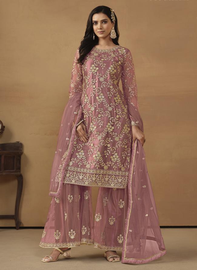 Net Pink Ramzan Wear Embroidery Work Sharara Suit